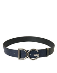 Dolce & Gabbana Blue Leather Silver Metal Logo Buckle Belt Men