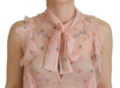 Dsquared² Pink Floral Print Silk Sleeveless Ascot Collar Top