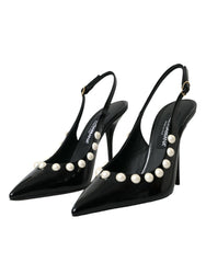 Dolce & Gabbana Black Leather Faux Pearl Heel Slingback Shoes