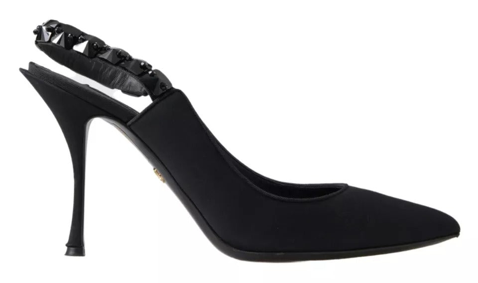 Dolce & Gabbana Black Embellished Charmeuse Slingback Heels Shoes