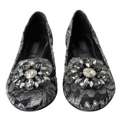 Dolce & Gabbana Gray Black Lace Crystal Ballet Loafers Shoes