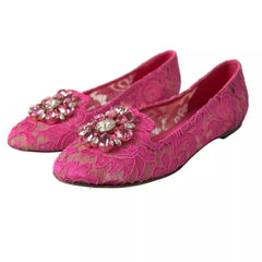 Dolce & Gabbana Pink Lace Crystal Ballet Loafers Shoes