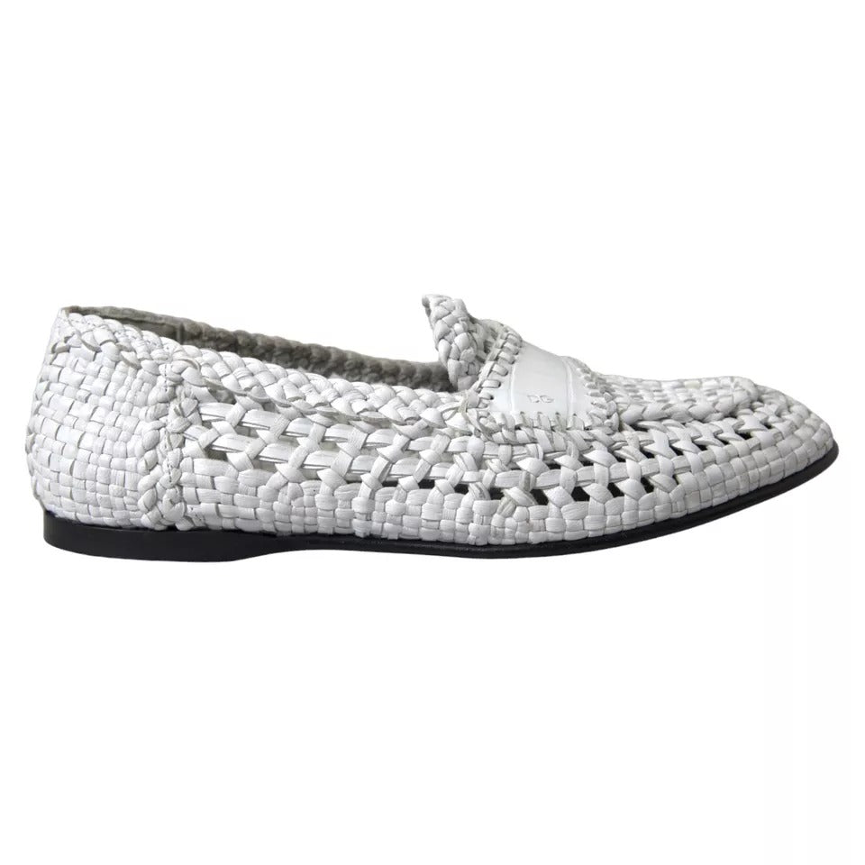 Dolce & Gabbana White Woven Leather Men Slip On Loafers Shoes