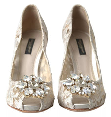 Dolce & Gabbana White Taormina Lace Crystal Heels Pumps Shoes