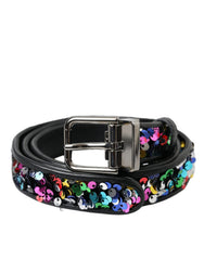 Dolce & Gabbana Black Sequined Silver Metal Buckle Women Belt