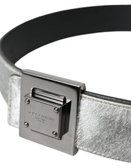 Dolce & Gabbana Silver Leather Square Metal Buckle Belt