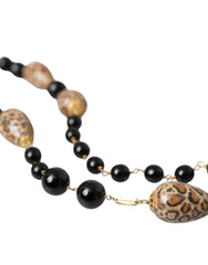 Dolce & Gabbana Gold Tone Brass Black Printed Beaded Long Chain Necklace