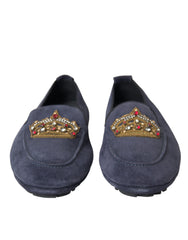 Dolce & Gabbana Blue Leather Suede Crystal Crown Loafers Shoes