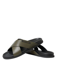 Dolce & Gabbana Green Leather Criss-Cross Slide Sandals Shoes