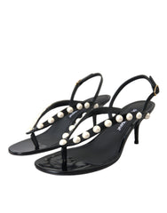 Dolce & Gabbana Black Leather Faux Pearl Heel Sandals Shoes