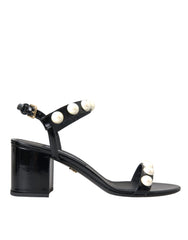 Dolce & Gabbana Black Leather Faux Pearl Heel Sandals Shoes