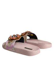 Dolce & Gabbana Pink Brocade Crystal Sandals Slides Beachwear Shoes