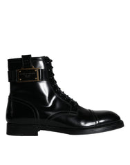 Dolce & Gabbana Black Logo Lace Up Mid Calf Men Boots Shoes