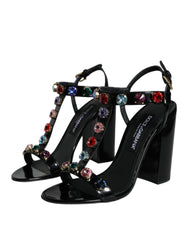 Dolce & Gabbana Black Crystal Leather T-strap Sandals Shoes