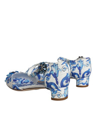 Dolce & Gabbana White Blue Majolica Print Ankle Strap Sandals Shoes