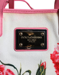 Dolce & Gabbana White Canvas Rose Embroidery Women Shopping Tote Bag