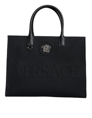 Versace Black Top Handle Canvas Leather Logo Shopping Tote Bag