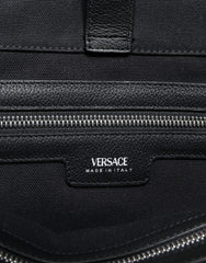 Versace Black Top Handle Canvas Leather Logo Shopping Tote Bag