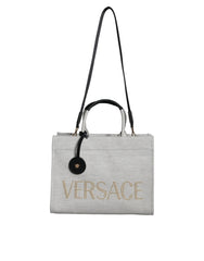 Versace White Top Handle Canvas Leather Logo Crossbody Tote Bag