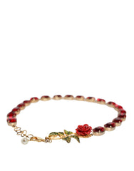 Dolce & Gabbana Gold Chain Brass Red Rose Crystal Embellished Necklace