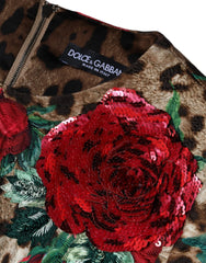 Dolce & Gabbana Brown Leopard Red Roses Cotton A-line Dress