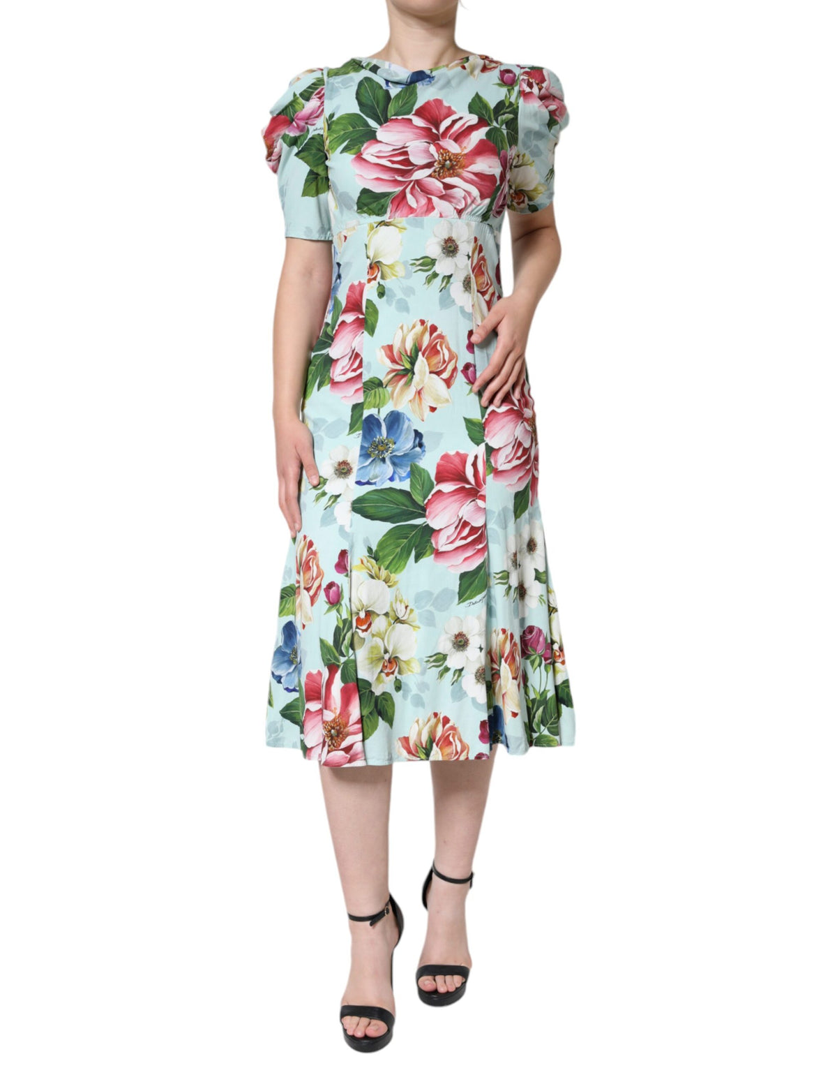 Dolce & Gabbana Green Floral Short Sleeves Round Neck Dress