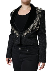 Dolce & Gabbana Black Jacquard Crystal Floral Jacket Blazer