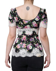 Dolce & Gabbana Black Floral Lace Short Sleeves Blouse Top