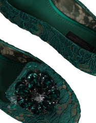 Dolce & Gabbana Green Lace Crystal Ballet Flats Loafers Shoes