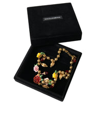 Dolce & Gabbana Multicolor Roses Crystals Gold Ball Chain Necklace