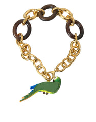 Dolce & Gabbana Gold Brass Chain Crystal Pearl PARROT Pendant Necklace
