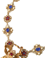 Dolce & Gabbana Gold Brass Mama Mary Crystal Pearl Embellished Necklace