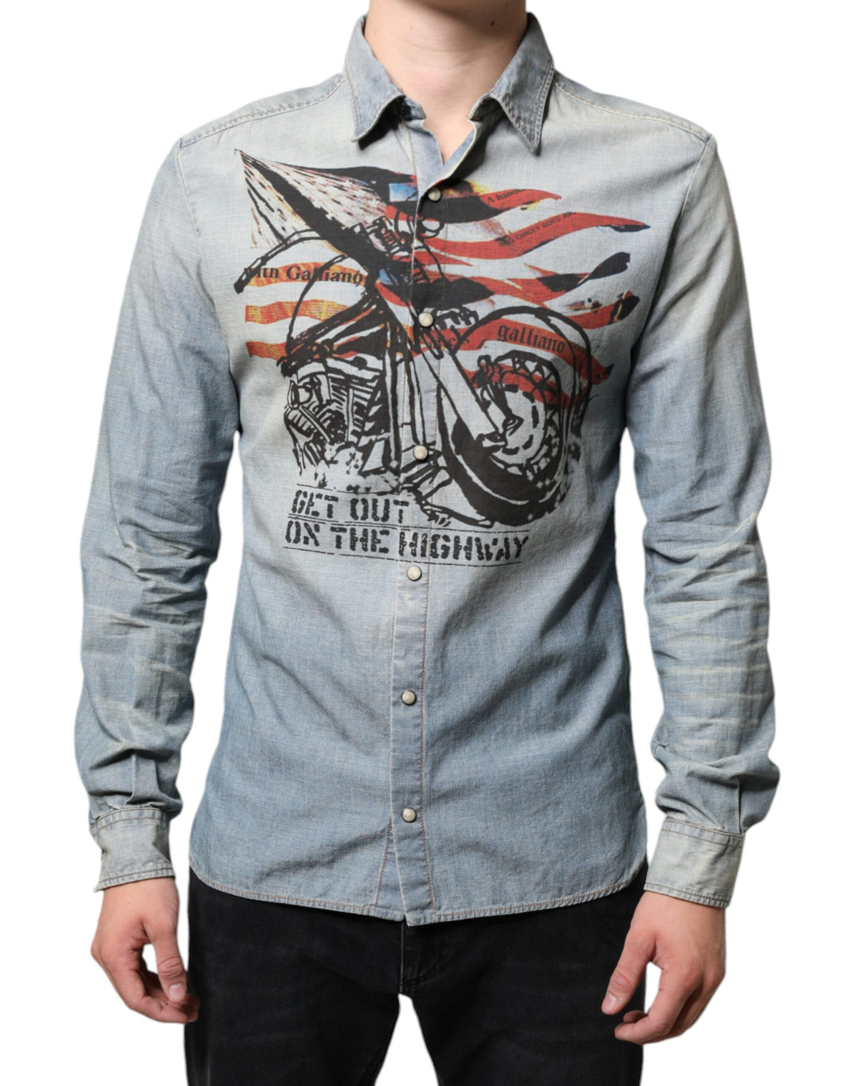 John Galliano Light Blue Printed Cotton Denim Long Sleeves Shirt