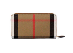 Burberry Elmore Tan Grainy Leather House Check Canvas Continental Clutch Wallet