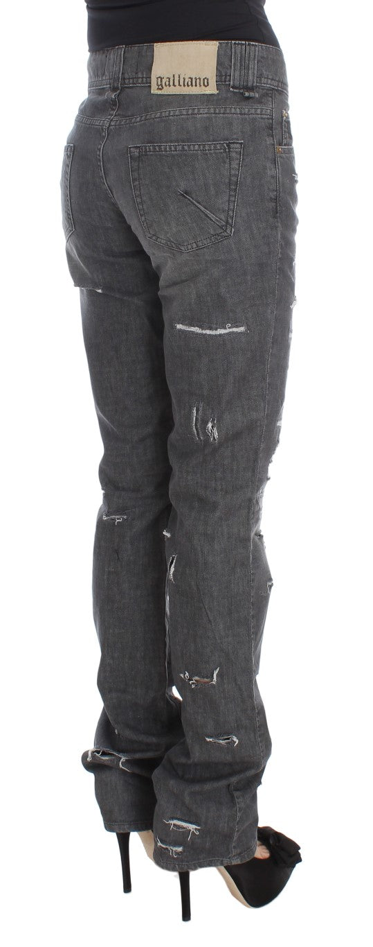 John Galliano Gray Wash Cotton Torn Straight Fit Jeans