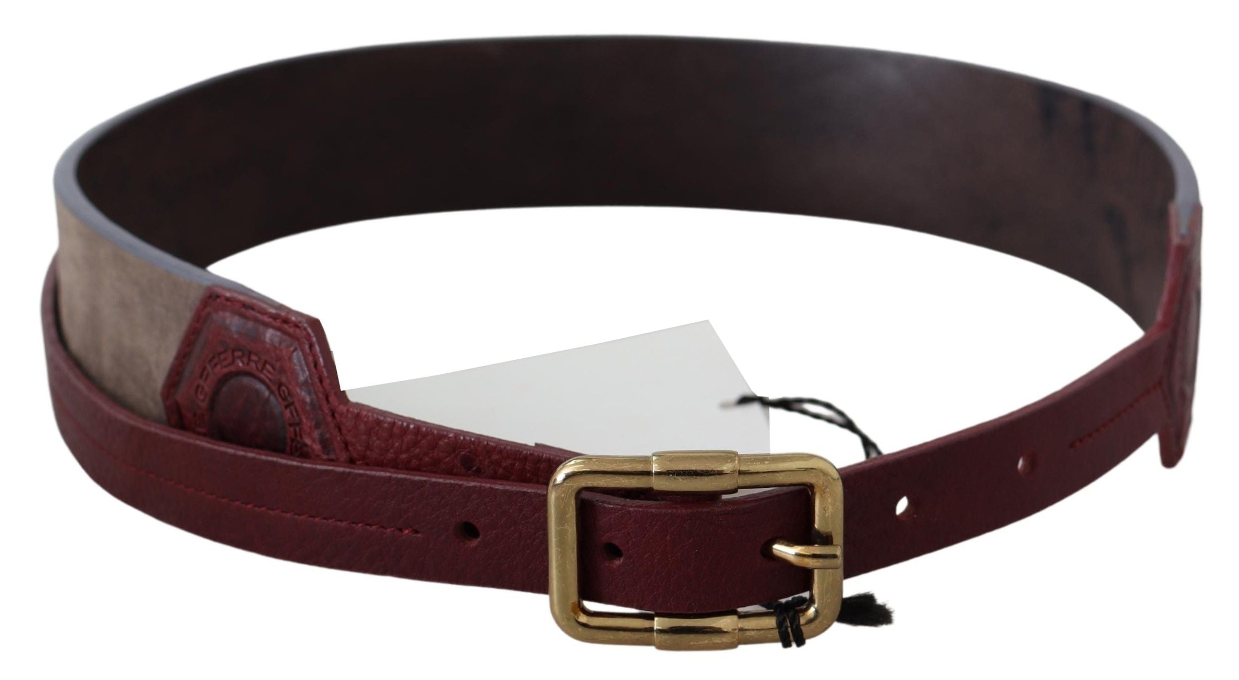GF Ferre Brown Leather Wide Gold Chrome Logo Buckle Belt