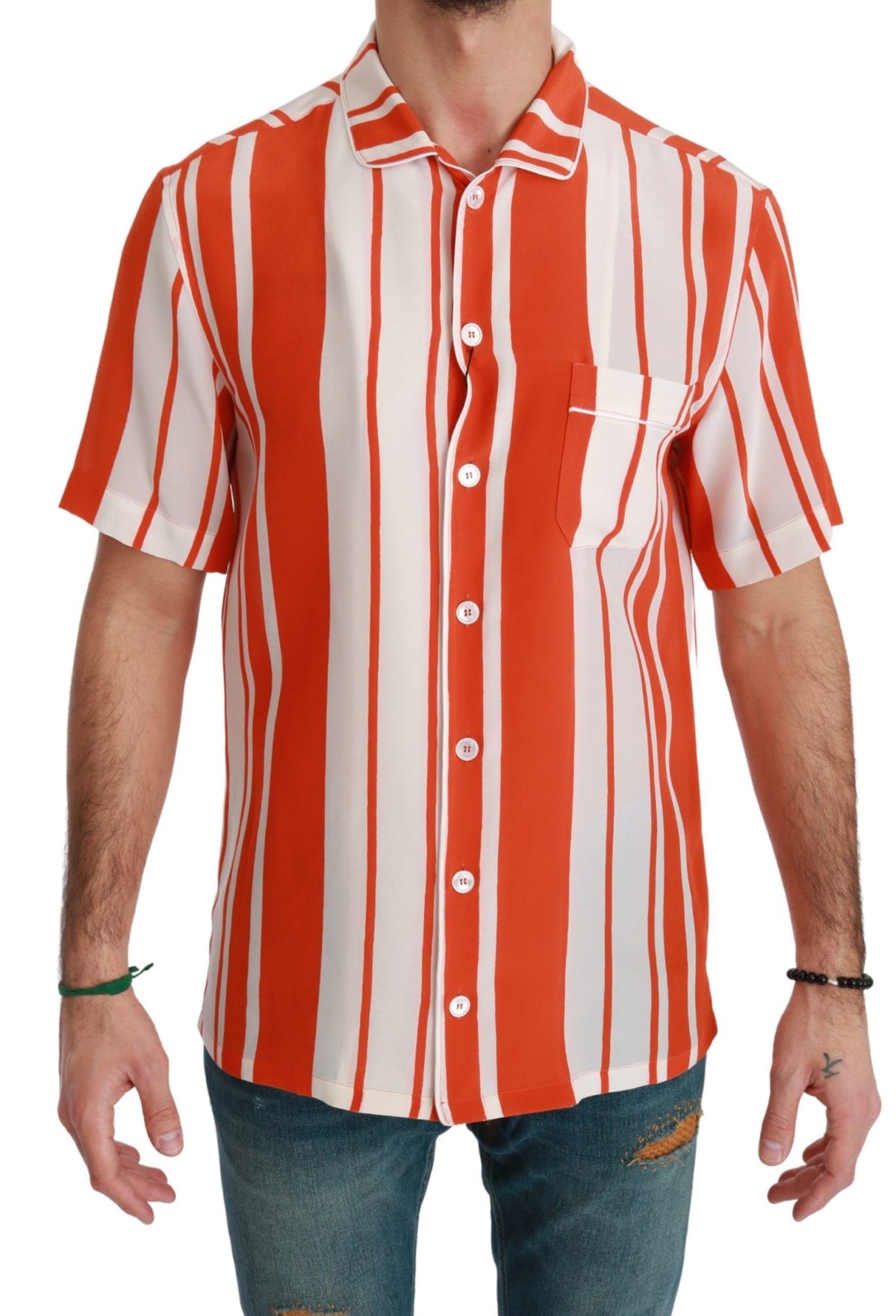 Dolce & Gabbana Orange Silk Striped Short Sleeve White Shirt