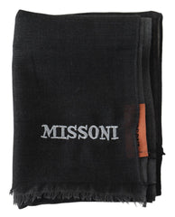 Missoni Black Wool Unisex Neck Wrap Shawl Fringes Logo Scarf