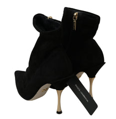 Dolce & Gabbana Black Suede Gold Heels Ankle Boots Shoes