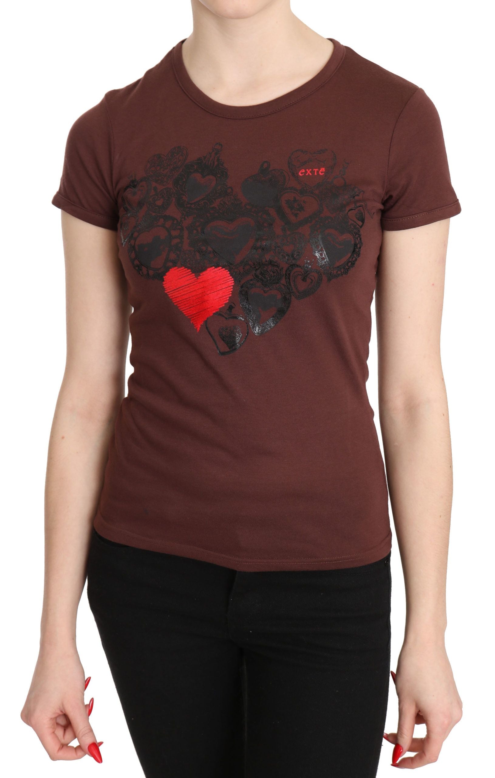 Exte Brown Hearts Printed Round Neck T-shirt Top