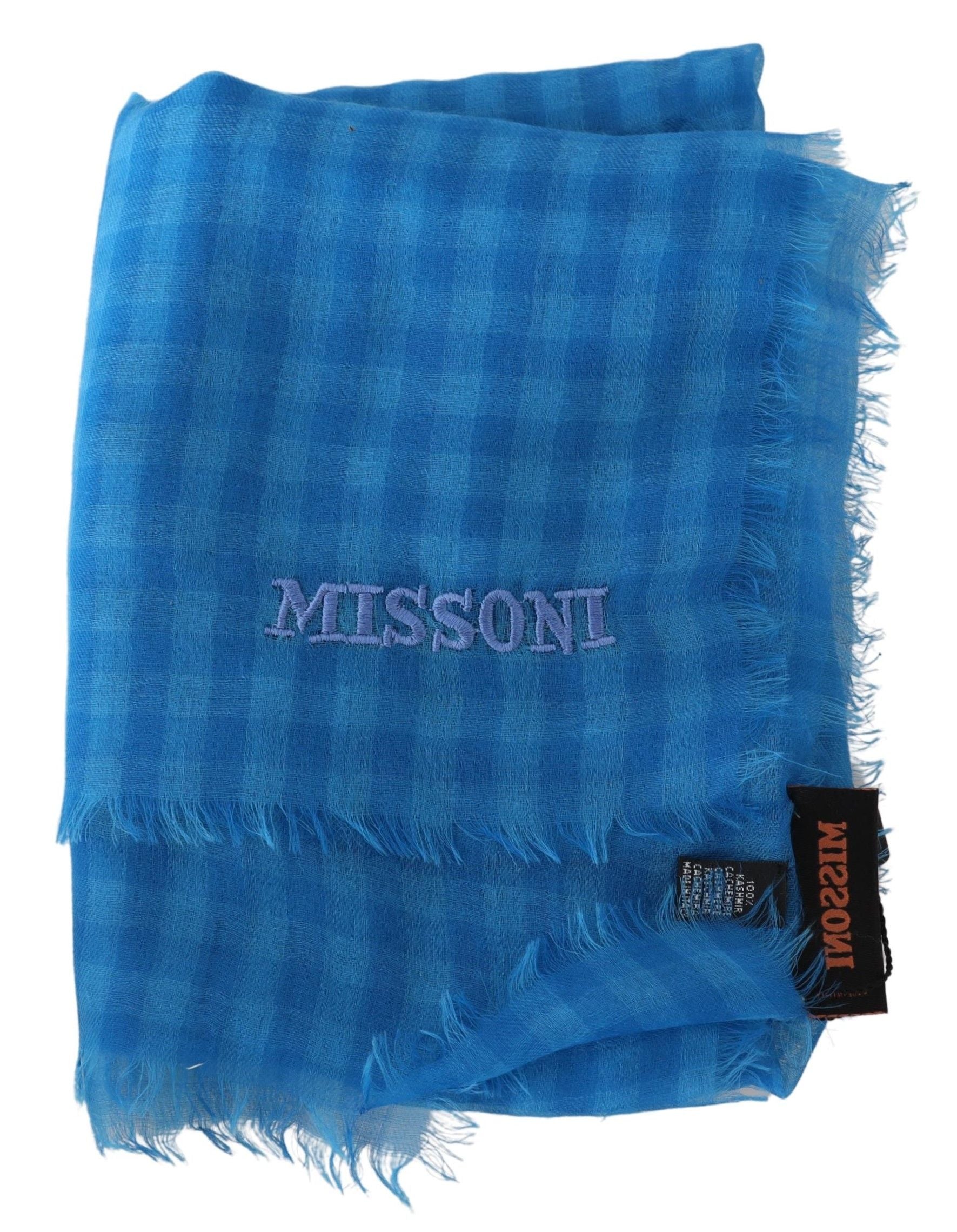 Missoni Blue Checkered Cashmere Unisex Wrap Fringes Scarf