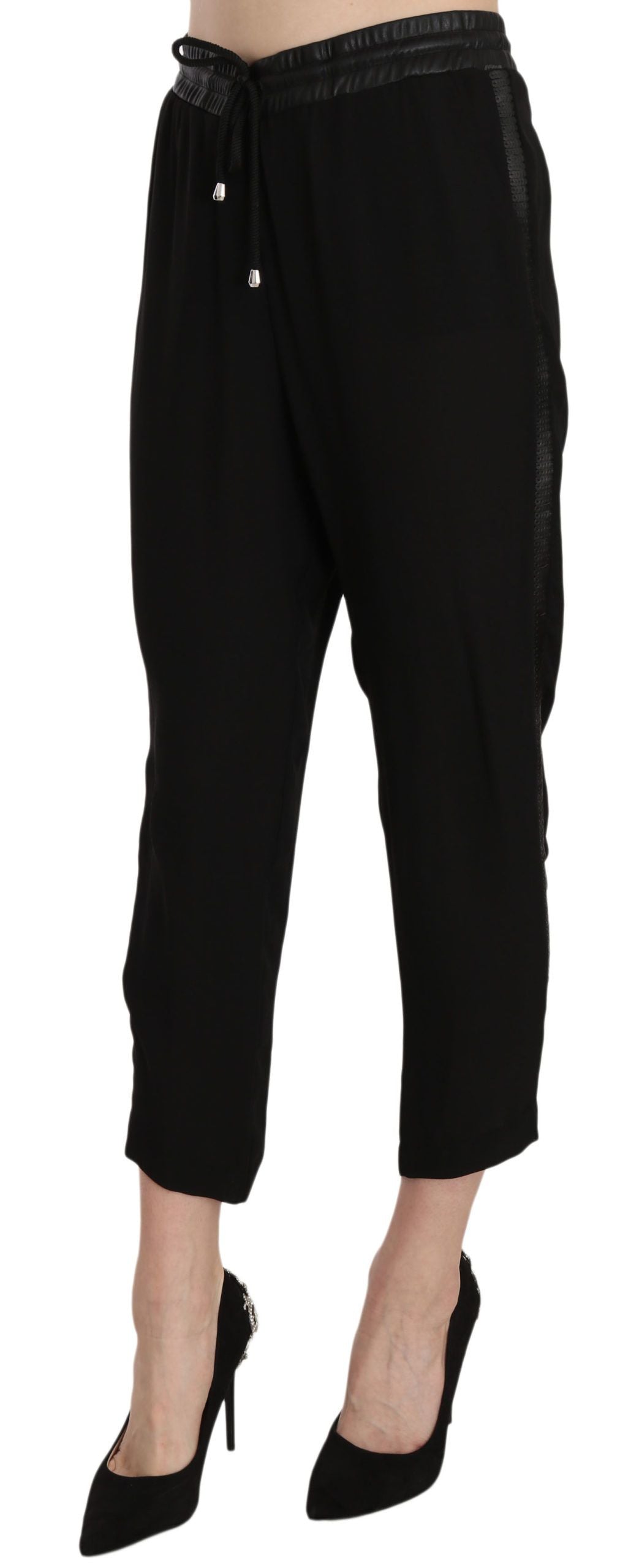 Guess Black Polyester High Waist Cropped Trousers Pants