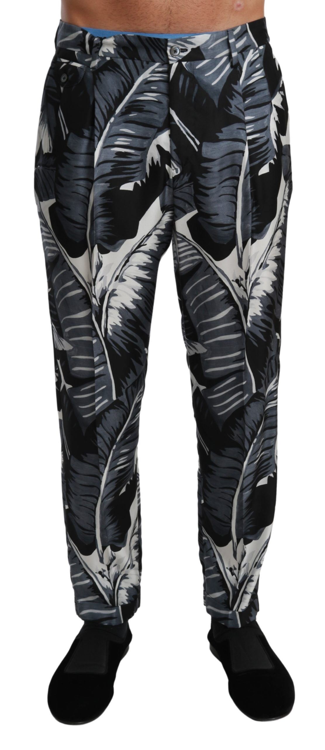 Dolce & Gabbana Black Banana Leaf Casual Trouser Silk Pants