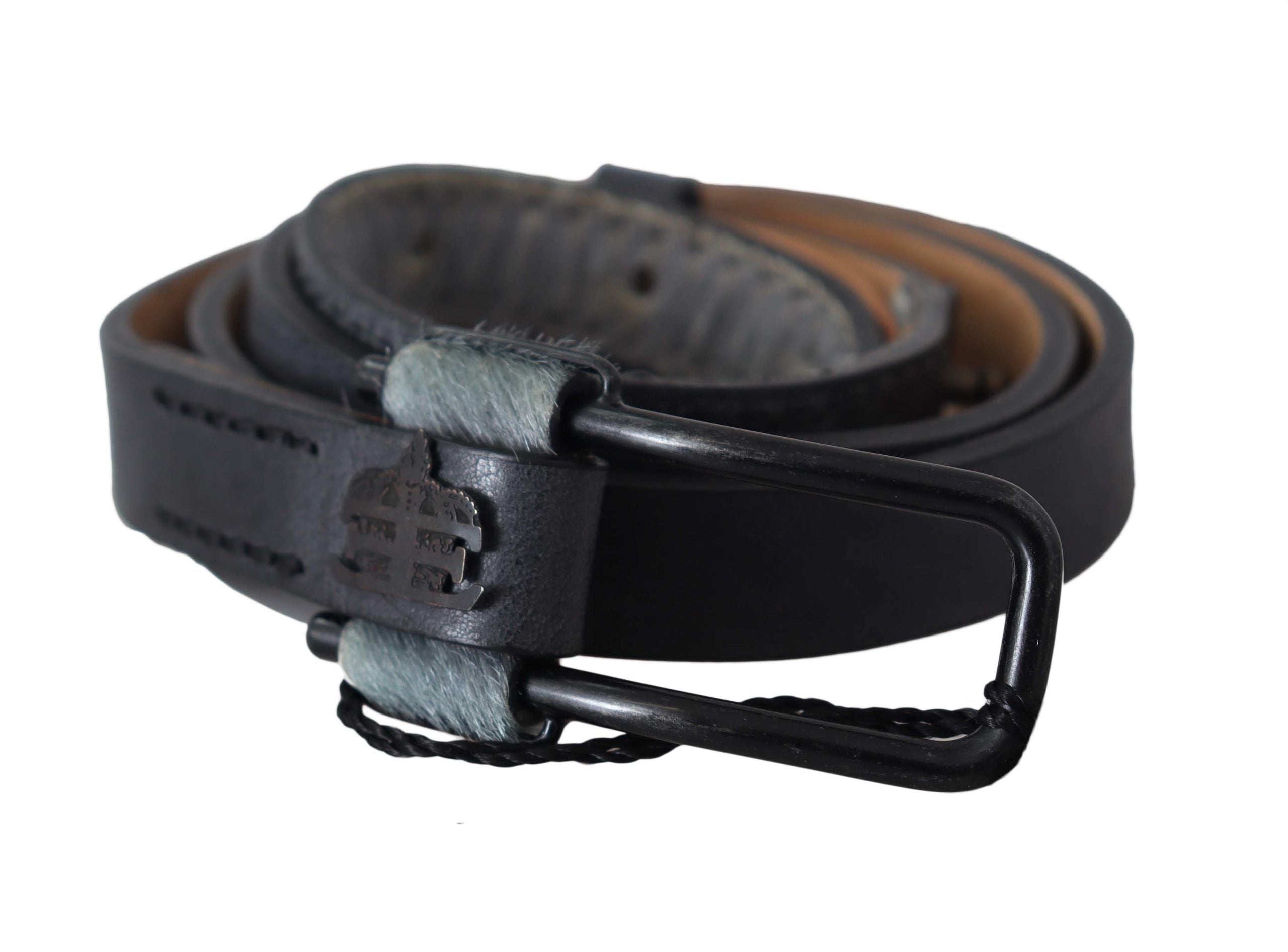 Ermanno Scervino Gray Leather Fur Black Logo Buckle Belt
