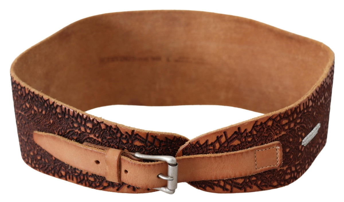 Scervino Street Brown Wide Leather Embroidered Design Logo Belt