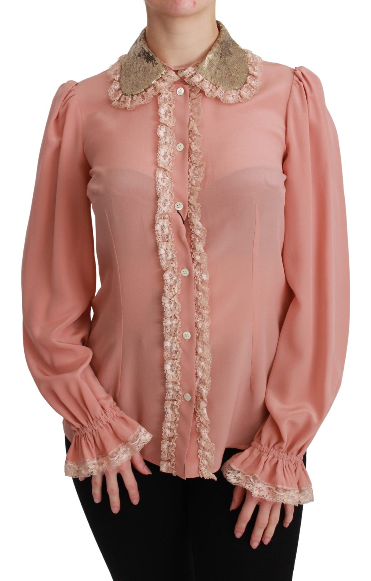 Dolce & Gabbana Pink Silk Gold Sequin Lace Blouse Shirt