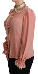 Dolce & Gabbana Pink Silk Gold Sequin Lace Blouse Shirt