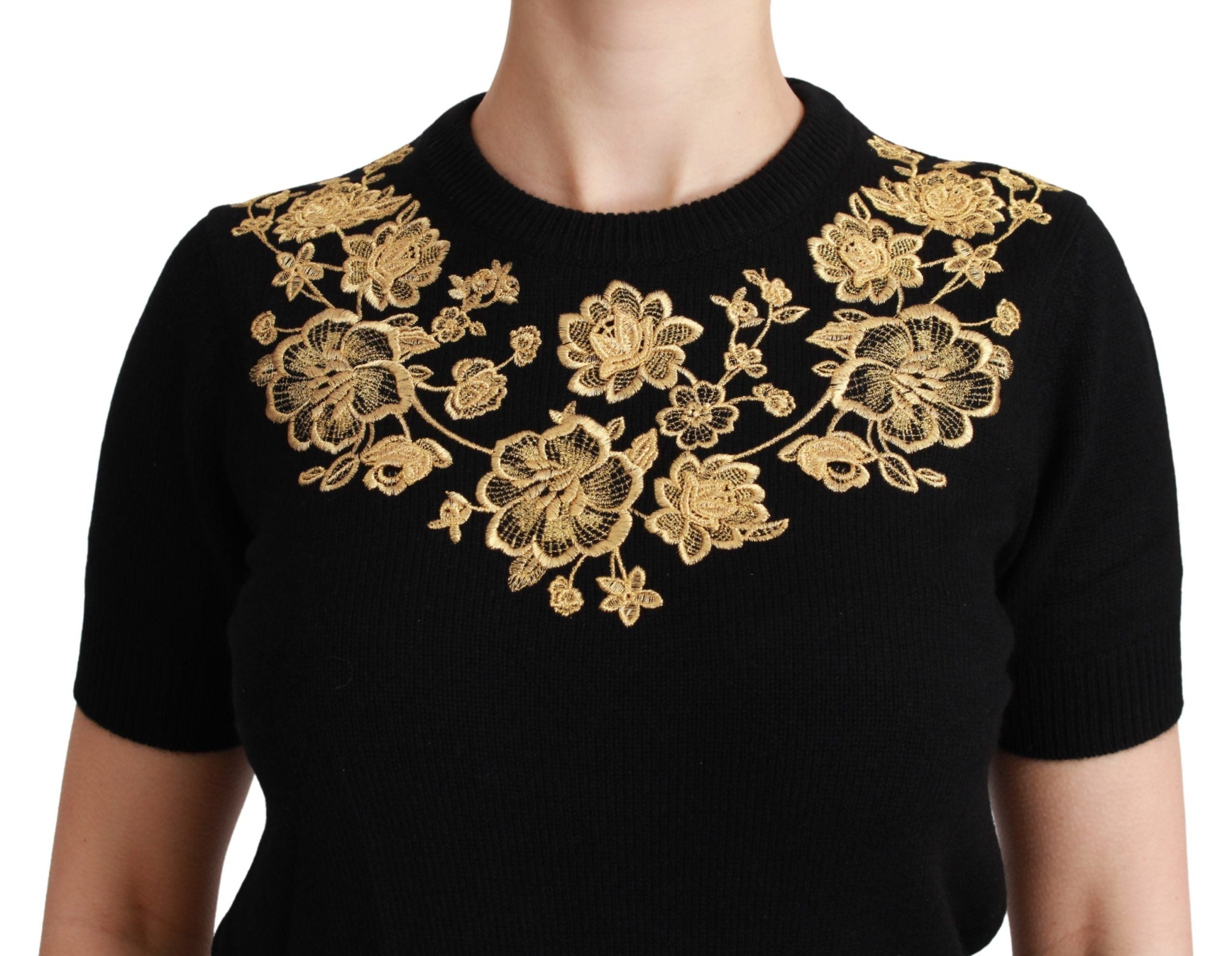 Dolce & Gabbana Black Cashmere Gold Floral Sweater Top