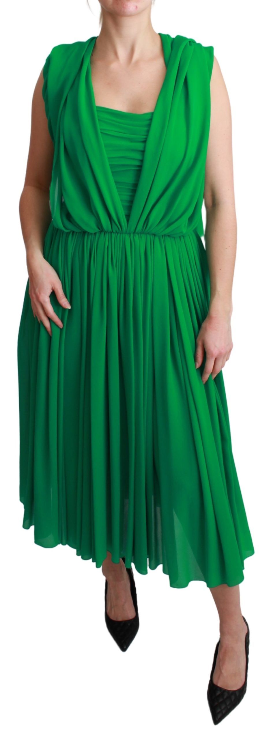 Dolce & Gabbana 100% Silk Green Sleeveless Pleated Maxi Dress