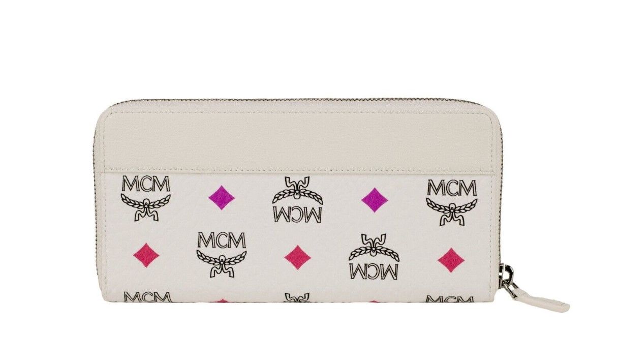 MCM Portuna Large White Visetos Leather Multifunction Zip Around Clutch Wallet